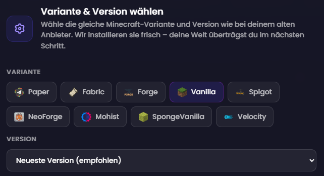 G-Portal Minecraft Server umziehen - ByteBlitz Wizard Version wählen