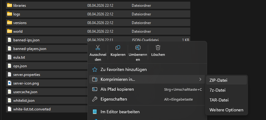 ZIP Datei erstellen beim Nitrado Minecraft Server umziehen