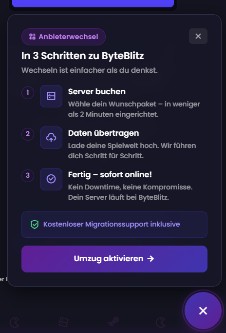 Hover Icon klicken um den G-Portal  Minecraft Server umziehen Wizard zu starten