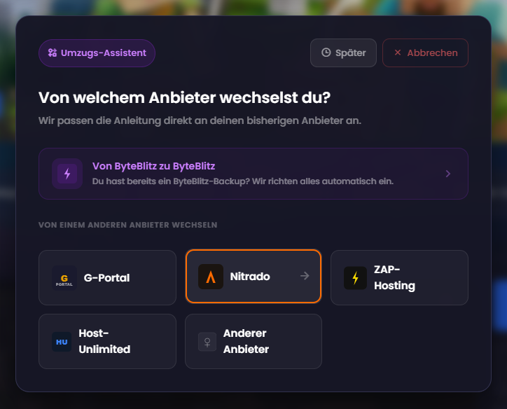 Nitrado Minecraft Server umziehen - ByteBlitz Wizard Anbieter wählen